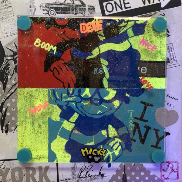 Kunst Collage auf Leinwand zum Thema 90.Geburtstag von Micky Maus zum Verkauf
